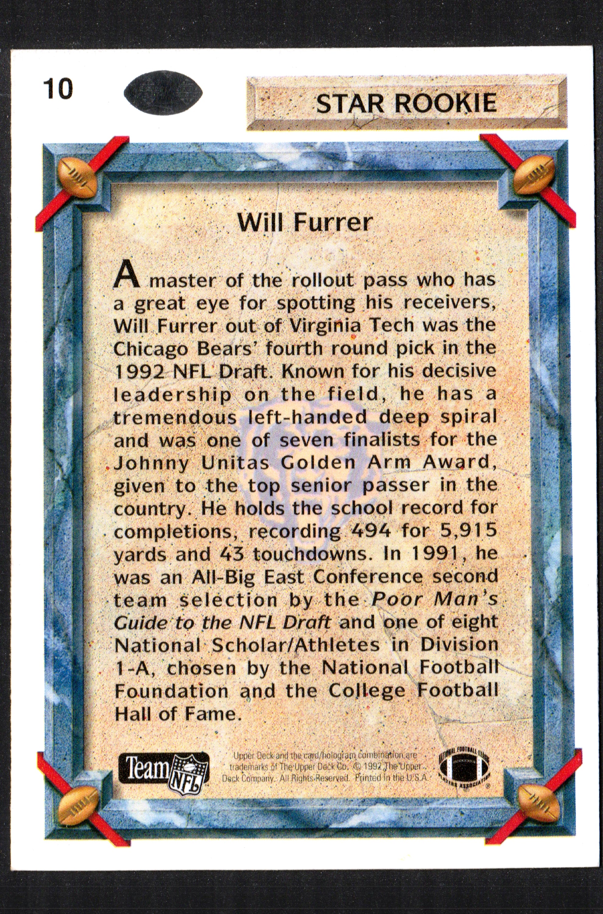 1992 Upper Deck trading card featuring Will Furrer, Chicago Bears rookie, with visible light scratches on the front.